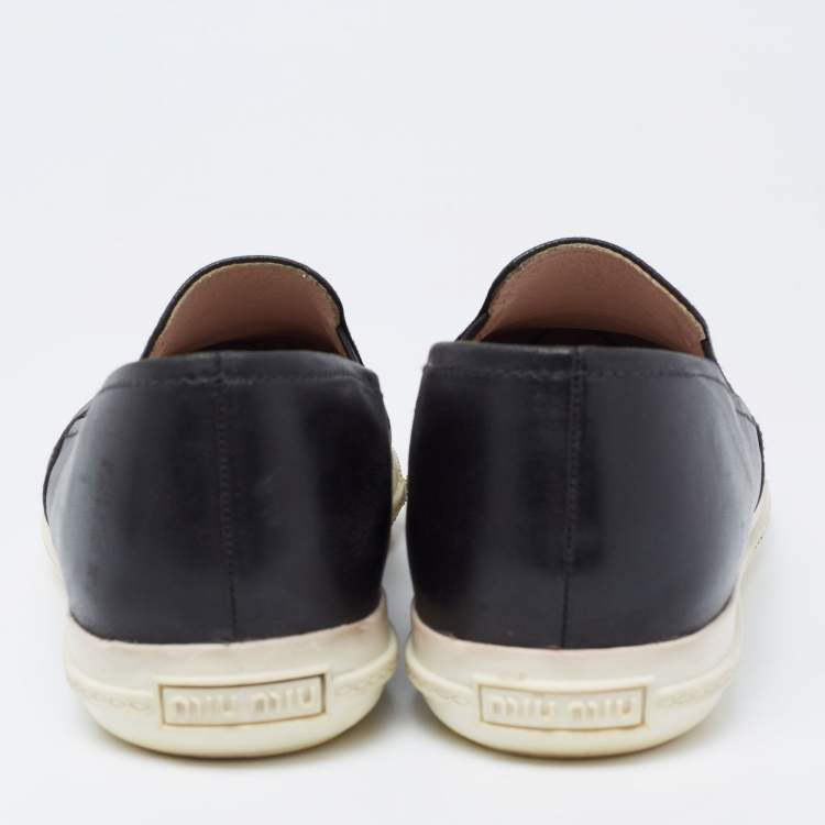 Pre Owned Miu Miu Black Leather Metal Cap-Toe Slip-On Sneakers Size 41