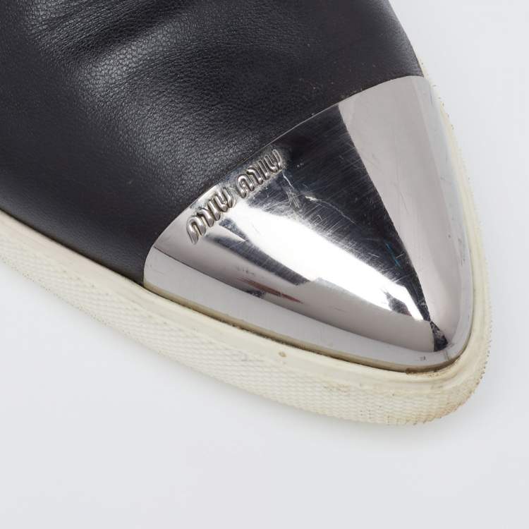 Pre Owned Miu Miu Black Leather Metal Cap-Toe Slip-On Sneakers Size 41
