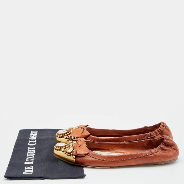 Pre Owned Miu Miu Brown Leather Crystal Embellished Ballet Flats Size 38