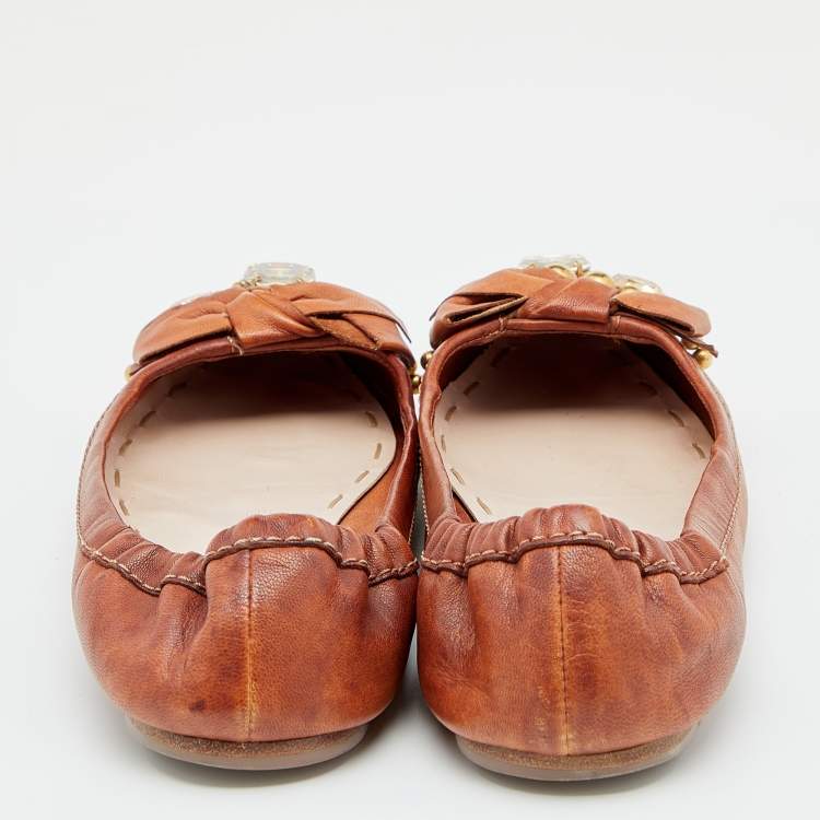 Pre Owned Miu Miu Brown Leather Crystal Embellished Ballet Flats Size 38