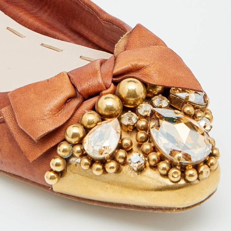 Pre Owned Miu Miu Brown Leather Crystal Embellished Ballet Flats Size 38