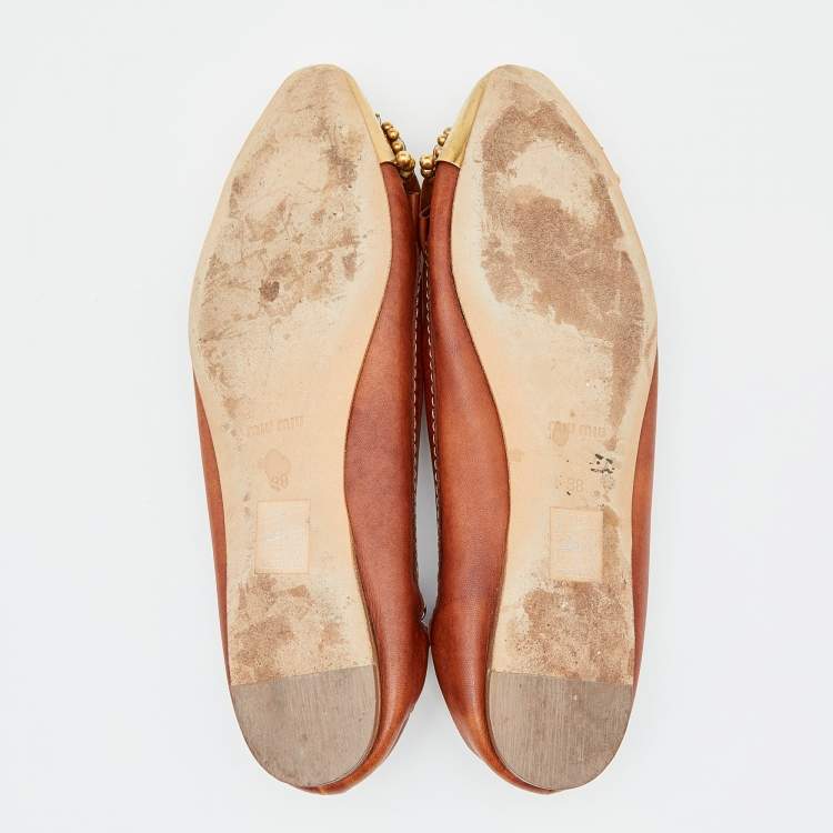 Pre Owned Miu Miu Brown Leather Crystal Embellished Ballet Flats Size 38