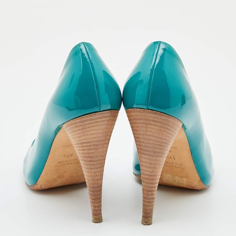 Pre Owned Miu Miu Green Patent Leather Peep Toe Pumps Size 37.5