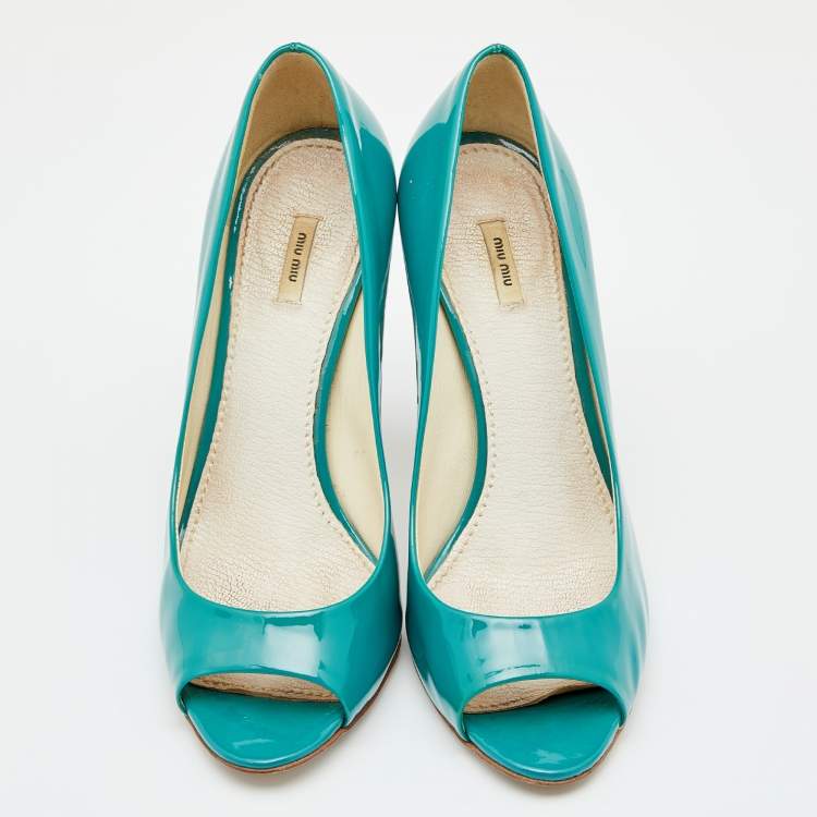 Pre Owned Miu Miu Green Patent Leather Peep Toe Pumps Size 37.5