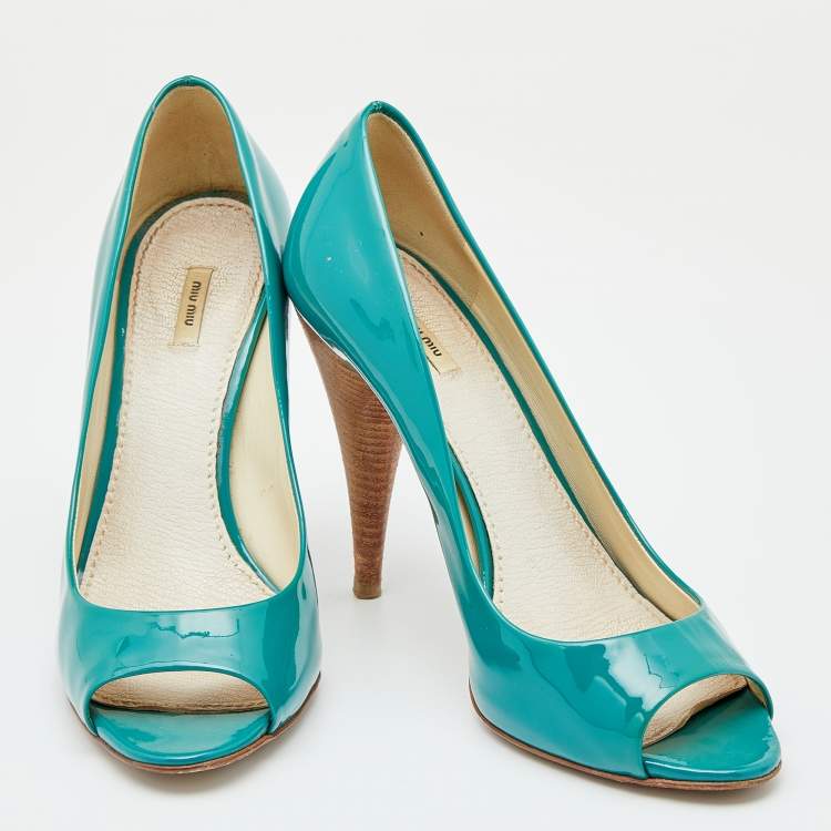 Pre Owned Miu Miu Green Patent Leather Peep Toe Pumps Size 37.5