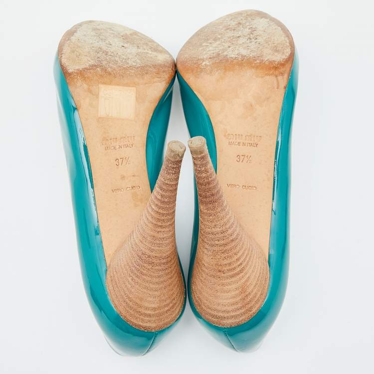 Pre Owned Miu Miu Green Patent Leather Peep Toe Pumps Size 37.5