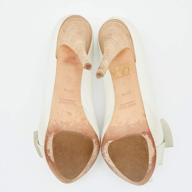 Pre Owned Miu Miu White Leather Bow Platform Pumps Size 37.5