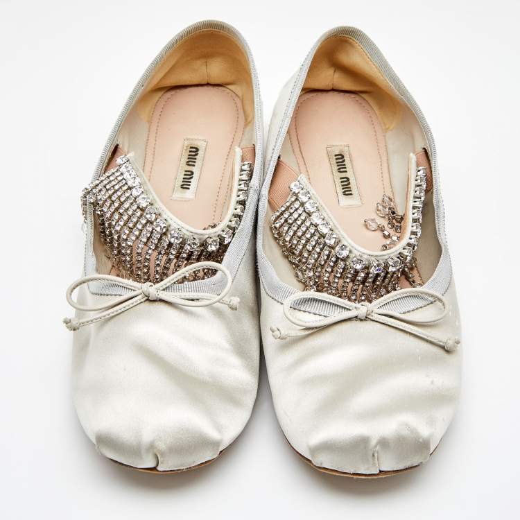Pre Owned Miu Miu Light Grey Satin Crystal Embellished Strap Ballet Flats Size 40