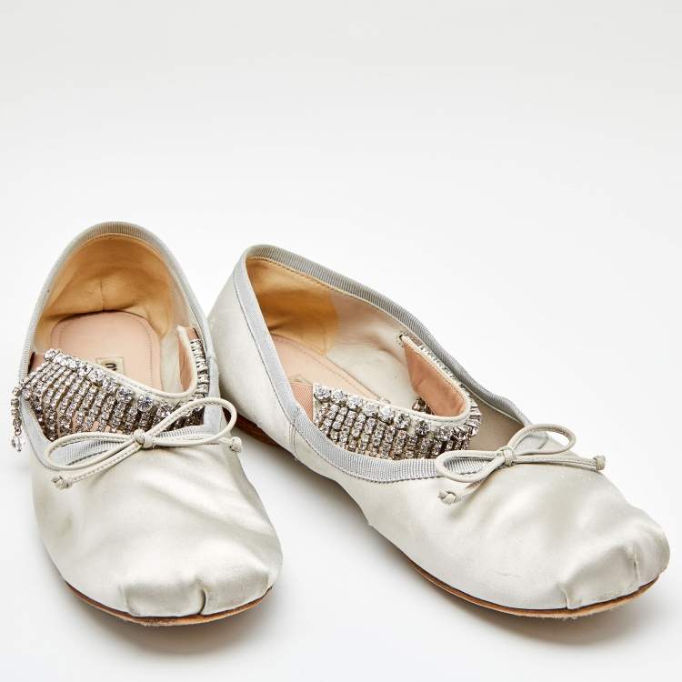 Pre Owned Miu Miu Light Grey Satin Crystal Embellished Strap Ballet Flats Size 40