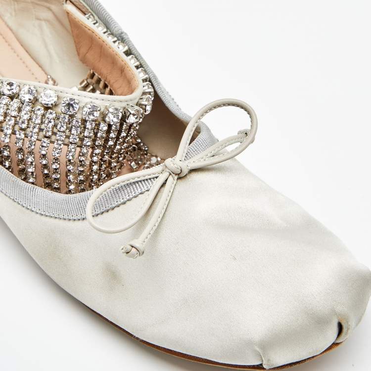 Pre Owned Miu Miu Light Grey Satin Crystal Embellished Strap Ballet Flats Size 40