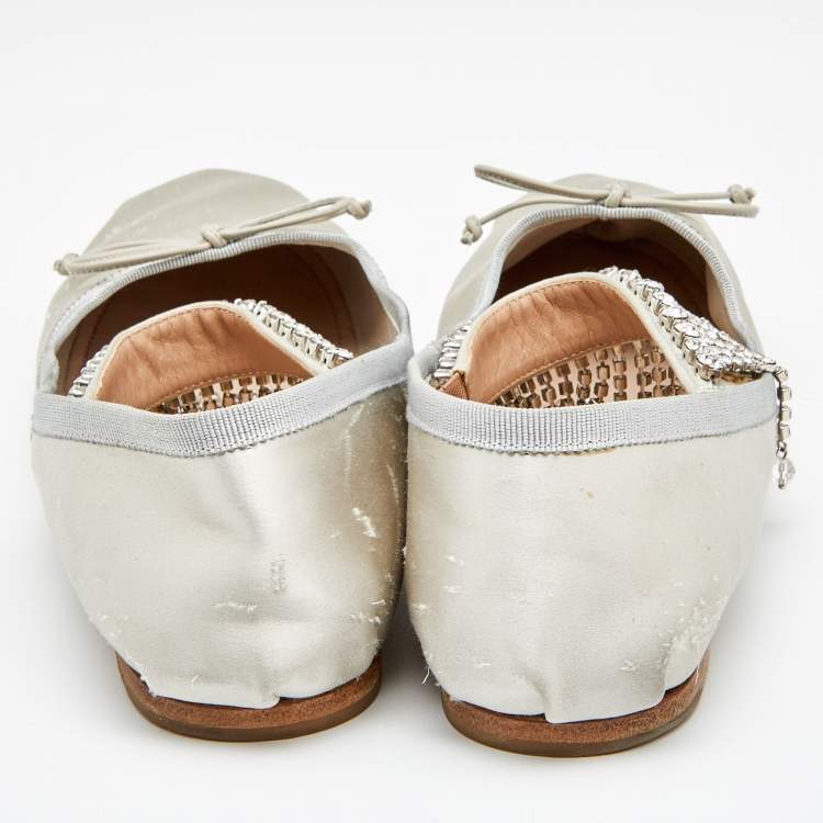 Pre Owned Miu Miu Light Grey Satin Crystal Embellished Strap Ballet Flats Size 40