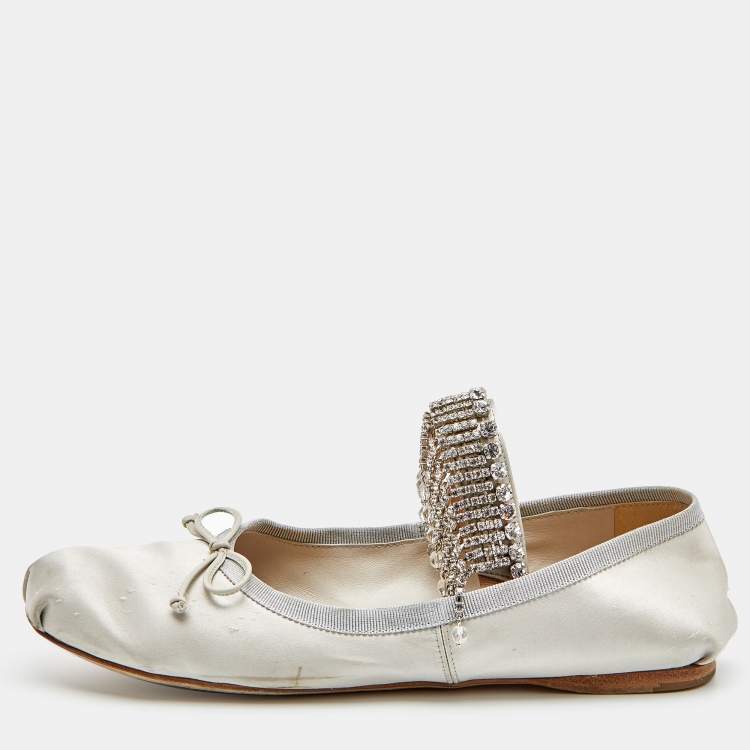 Pre Owned Miu Miu Light Grey Satin Crystal Embellished Strap Ballet Flats Size 40