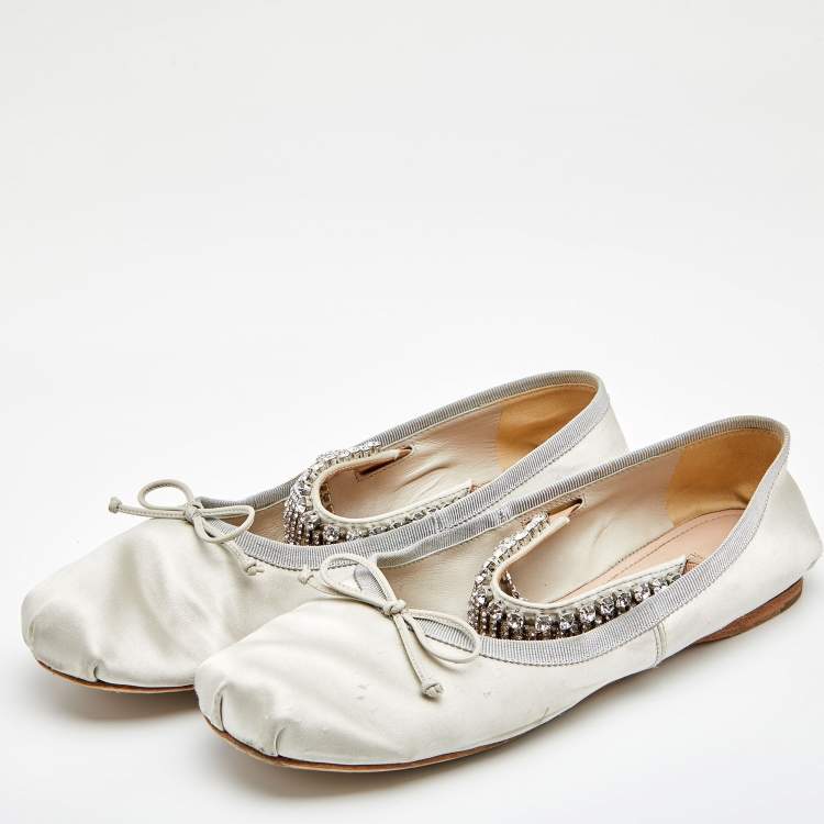 Pre Owned Miu Miu Light Grey Satin Crystal Embellished Strap Ballet Flats Size 40