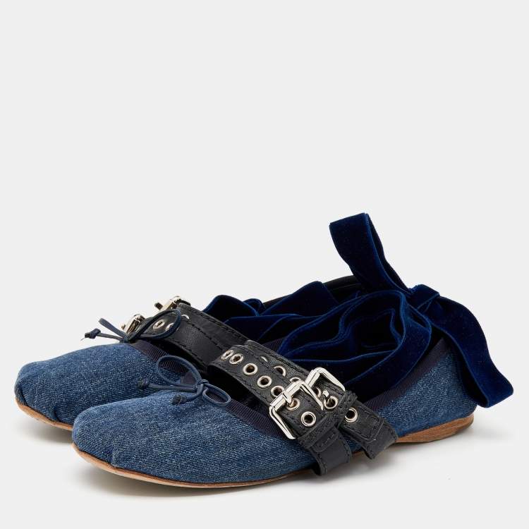 Pre Owned Miu Miu Blue/Black Denim And Leather Buckle Detail Ballet Flats Size 39.5