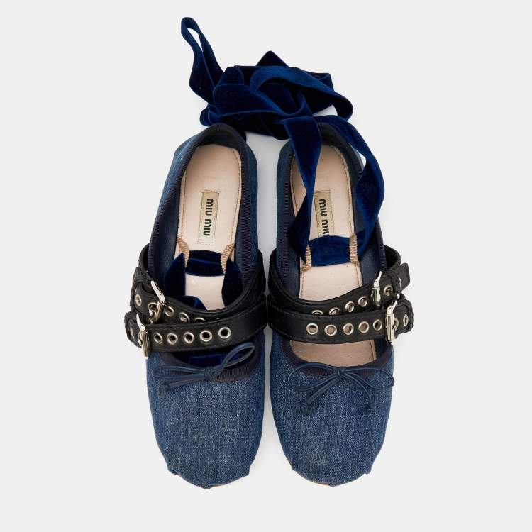 Pre Owned Miu Miu Blue/Black Denim And Leather Buckle Detail Ballet Flats Size 39.5