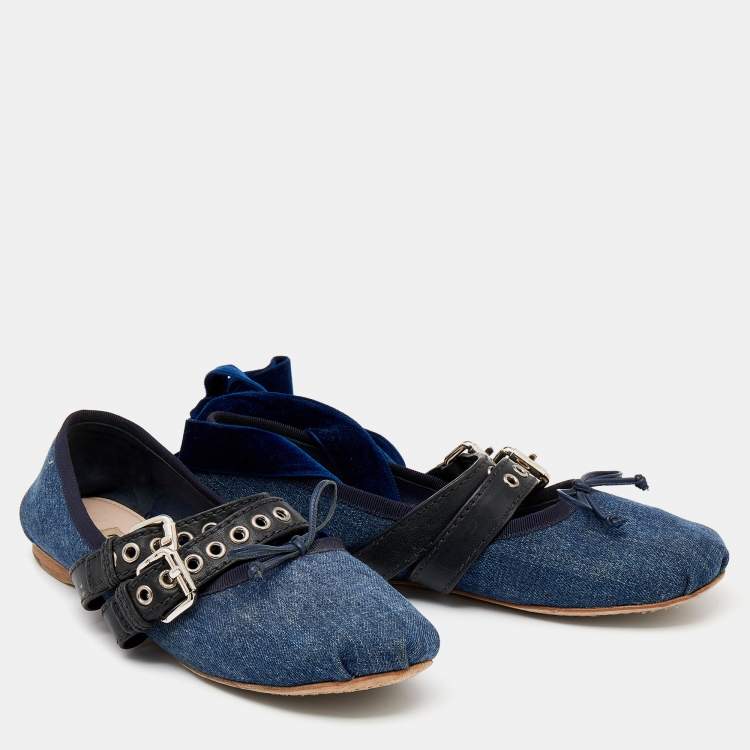 Pre Owned Miu Miu Blue/Black Denim And Leather Buckle Detail Ballet Flats Size 39.5