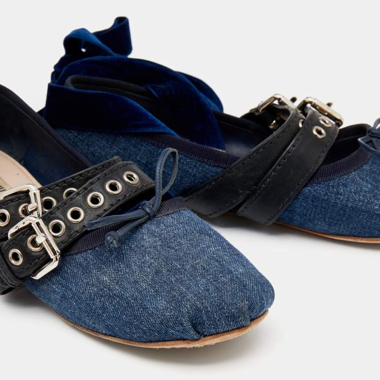 Pre Owned Miu Miu Blue/Black Denim And Leather Buckle Detail Ballet Flats Size 39.5