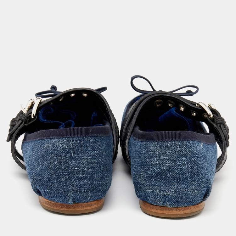 Pre Owned Miu Miu Blue/Black Denim And Leather Buckle Detail Ballet Flats Size 39.5