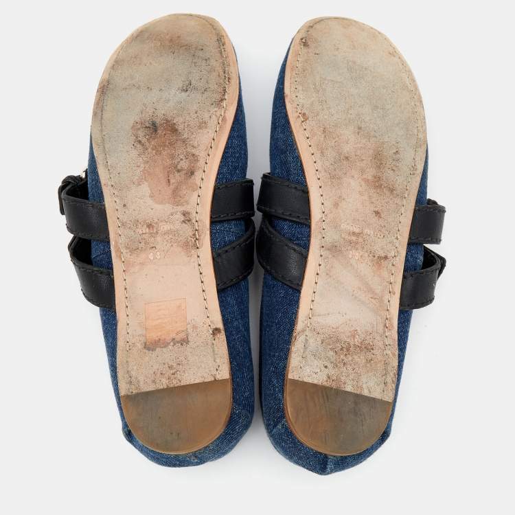 Pre Owned Miu Miu Blue/Black Denim And Leather Buckle Detail Ballet Flats Size 39.5