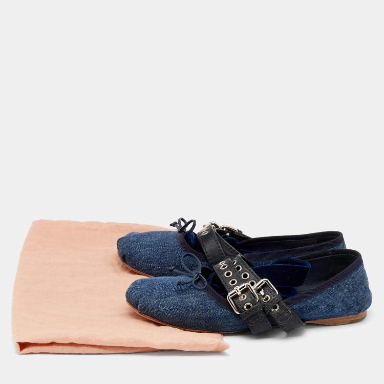 Pre Owned Miu Miu Blue/Black Denim And Leather Buckle Detail Ballet Flats Size 39.5