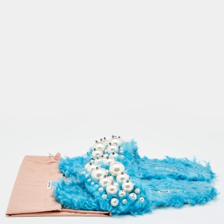 Pre Owned Miu Miu Blue Faux Fur Pearl Embellished Flat Slides Size 38.5