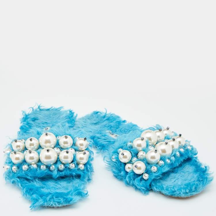 Pre Owned Miu Miu Blue Faux Fur Pearl Embellished Flat Slides Size 38.5