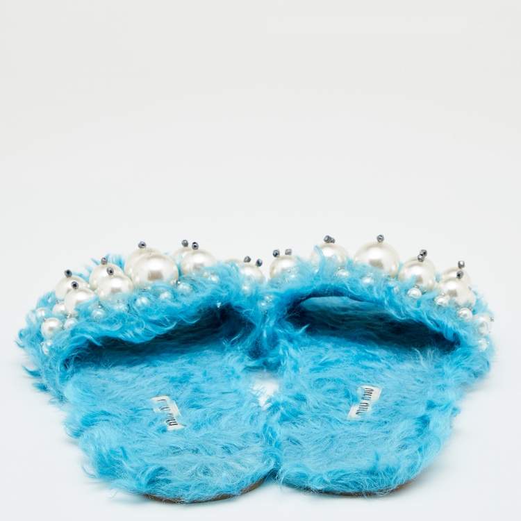 Pre Owned Miu Miu Blue Faux Fur Pearl Embellished Flat Slides Size 38.5