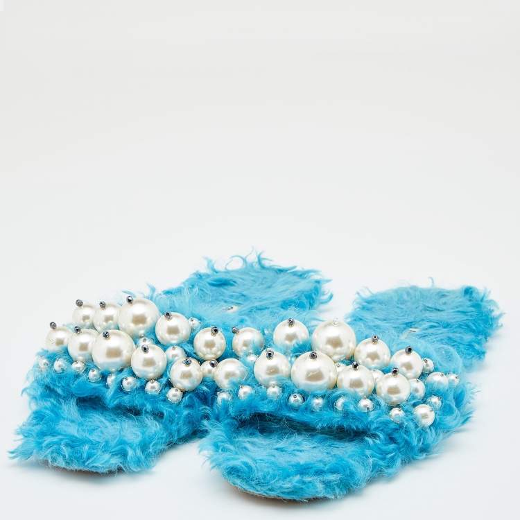Pre Owned Miu Miu Blue Faux Fur Pearl Embellished Flat Slides Size 38.5