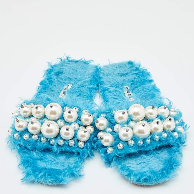 Pre Owned Miu Miu Blue Faux Fur Pearl Embellished Flat Slides Size 38.5