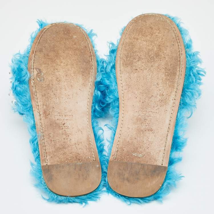 Pre Owned Miu Miu Blue Faux Fur Pearl Embellished Flat Slides Size 38.5