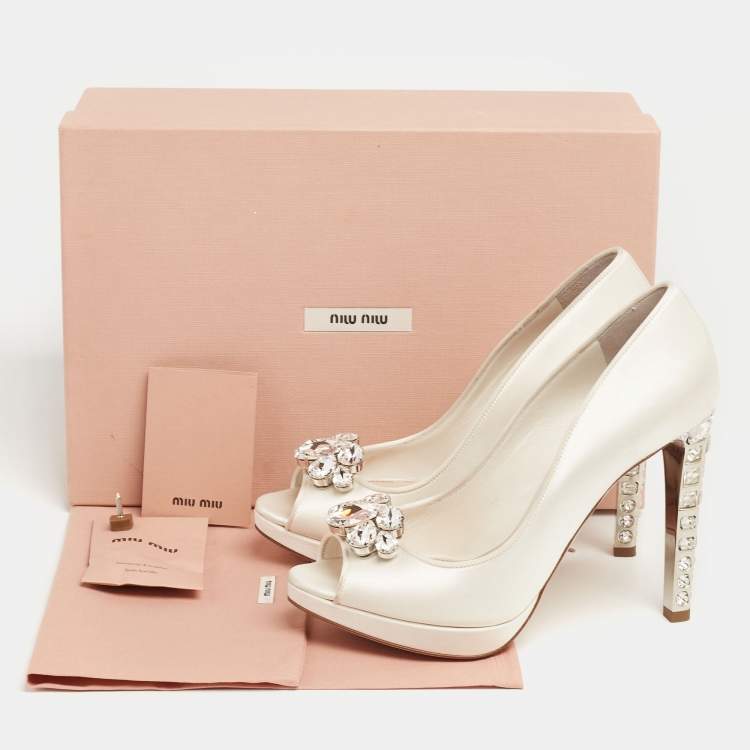 Pre Owned Miu Miu Ivory Satin Crystal Embellished Heel Peep-Toe Platform Pumps Size 36.5