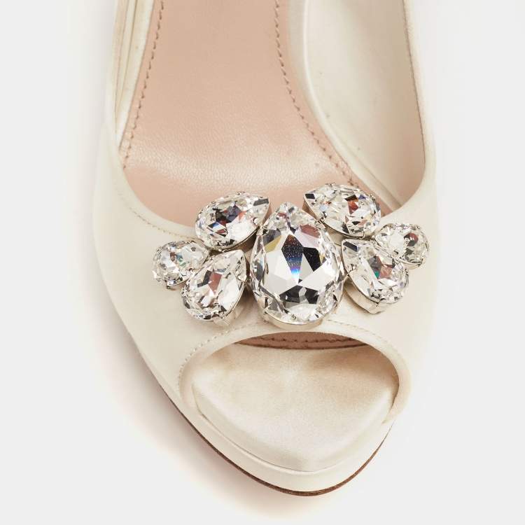 Pre Owned Miu Miu Ivory Satin Crystal Embellished Heel Peep-Toe Platform Pumps Size 36.5