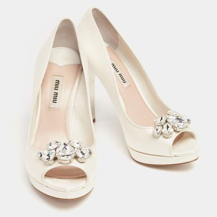 Pre Owned Miu Miu Ivory Satin Crystal Embellished Heel Peep-Toe Platform Pumps Size 36.5