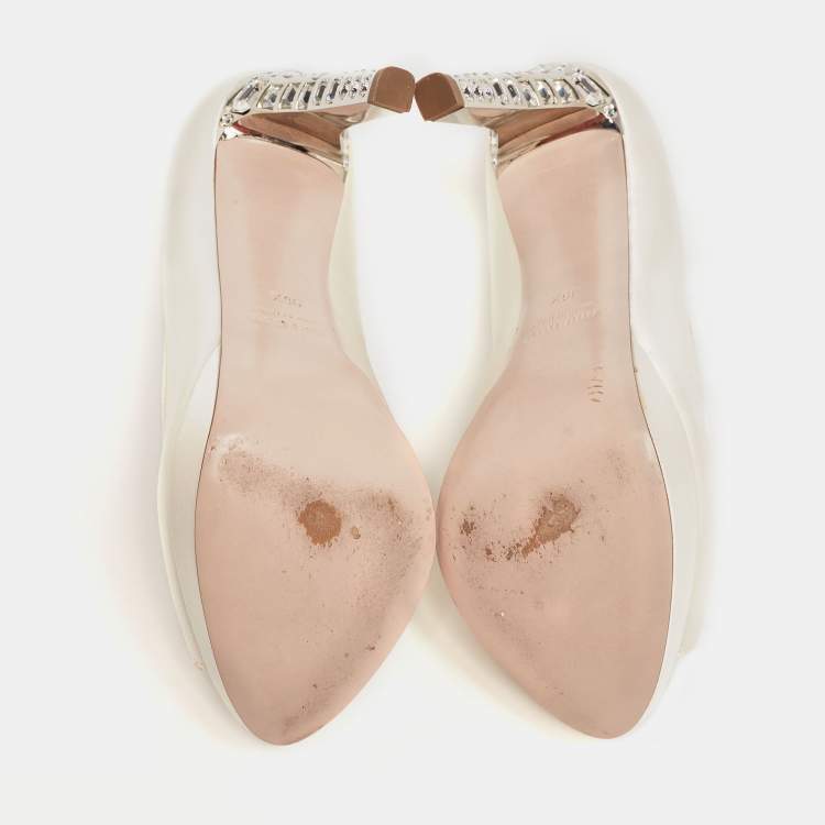 Pre Owned Miu Miu Ivory Satin Crystal Embellished Heel Peep-Toe Platform Pumps Size 36.5