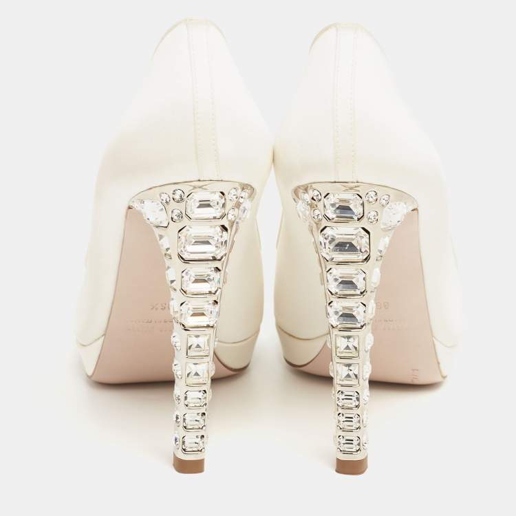 Pre Owned Miu Miu Ivory Satin Crystal Embellished Heel Peep-Toe Platform Pumps Size 36.5
