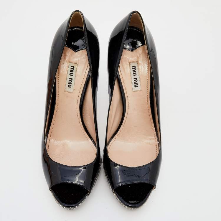 Pre Owned Miu Miu Black Patent Leather Glitter Peep Toe Platform Pumps Size 40