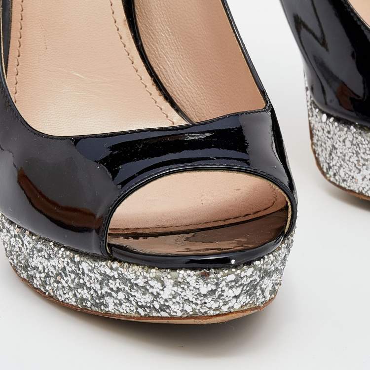 Pre Owned Miu Miu Black Patent Leather Glitter Peep Toe Platform Pumps Size 40