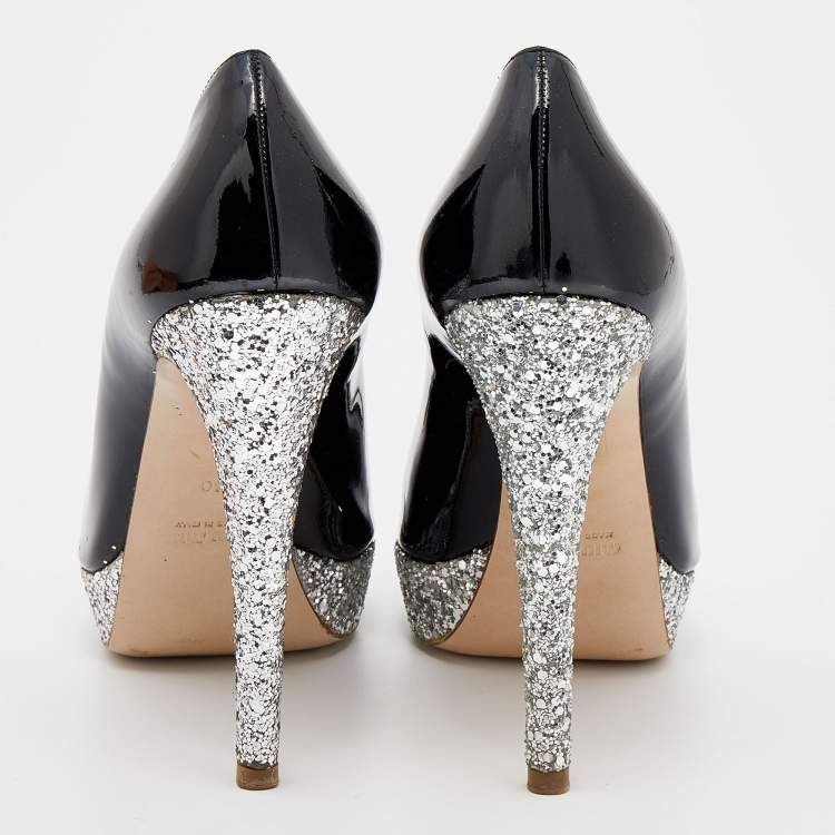 Pre Owned Miu Miu Black Patent Leather Glitter Peep Toe Platform Pumps Size 40