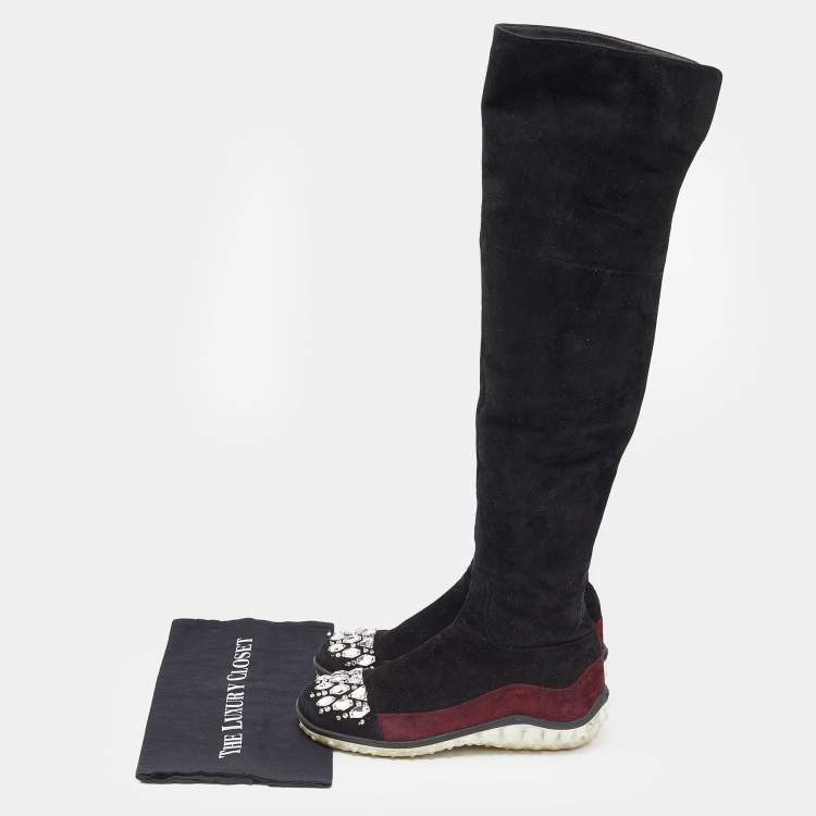 Pre Owned Miu Miu Black/Burgundy Suede Crystal Embellished Over The Knee Boots Size 39