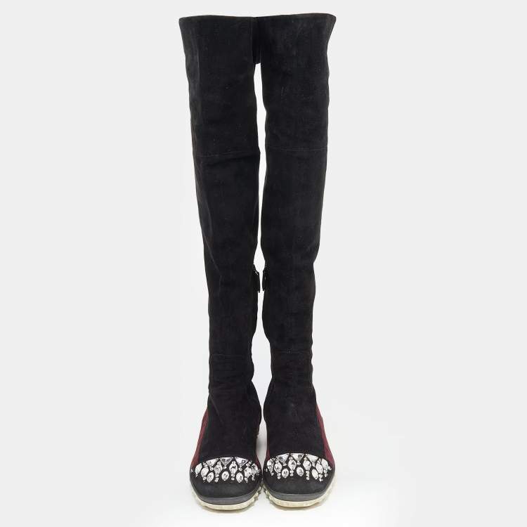 Pre Owned Miu Miu Black/Burgundy Suede Crystal Embellished Over The Knee Boots Size 39