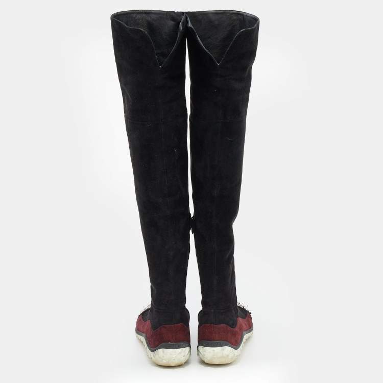 Pre Owned Miu Miu Black/Burgundy Suede Crystal Embellished Over The Knee Boots Size 39