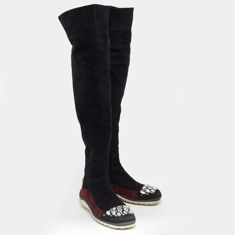 Pre Owned Miu Miu Black/Burgundy Suede Crystal Embellished Over The Knee Boots Size 39