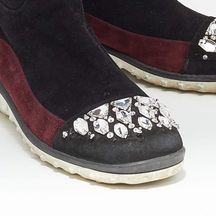 Pre Owned Miu Miu Black/Burgundy Suede Crystal Embellished Over The Knee Boots Size 39