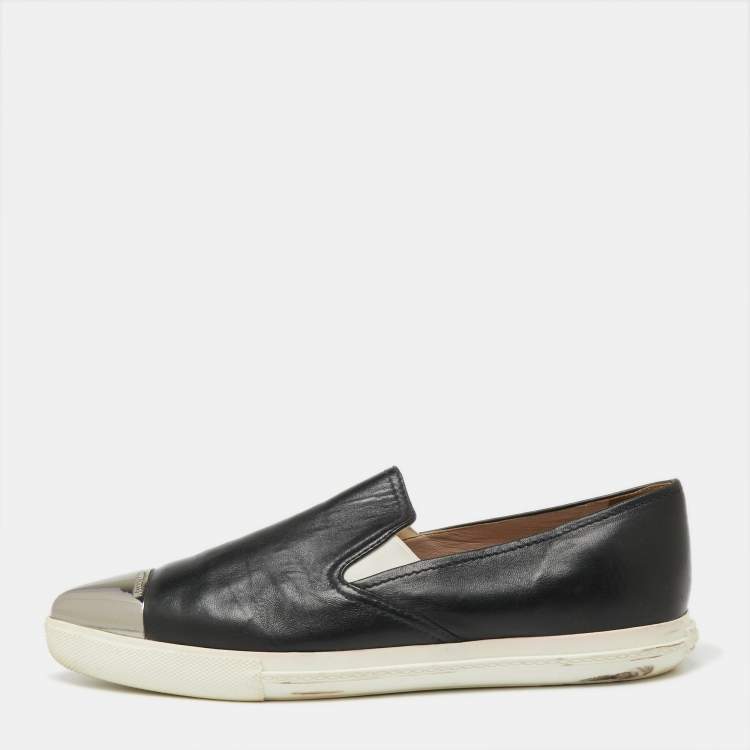 Pre Owned Miu Miu Black Leather Cap Toe Slip On Sneakers Size 40