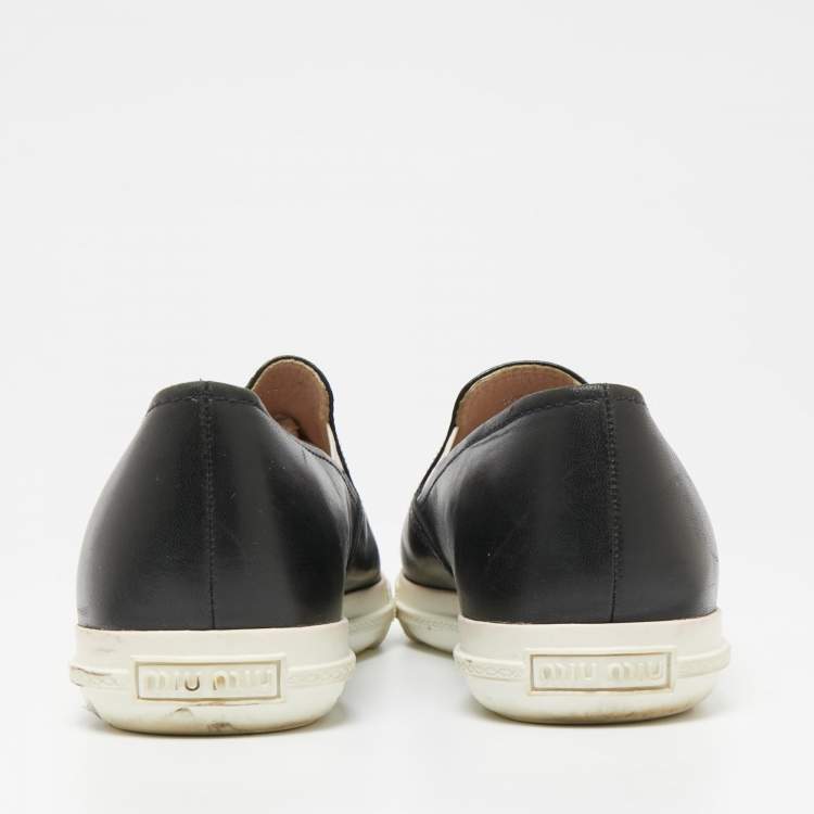 Pre Owned Miu Miu Black Leather Cap Toe Slip On Sneakers Size 40