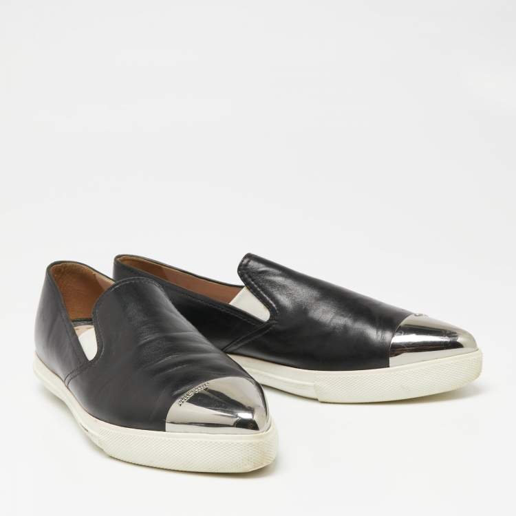 Pre Owned Miu Miu Black Leather Cap Toe Slip On Sneakers Size 40