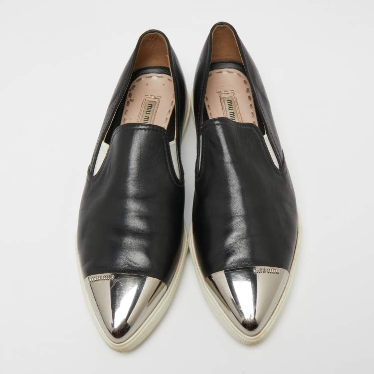 Pre Owned Miu Miu Black Leather Cap Toe Slip On Sneakers Size 40