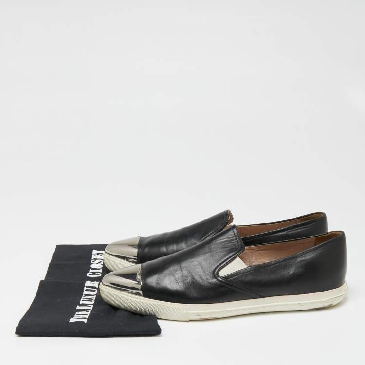 Pre Owned Miu Miu Black Leather Cap Toe Slip On Sneakers Size 40