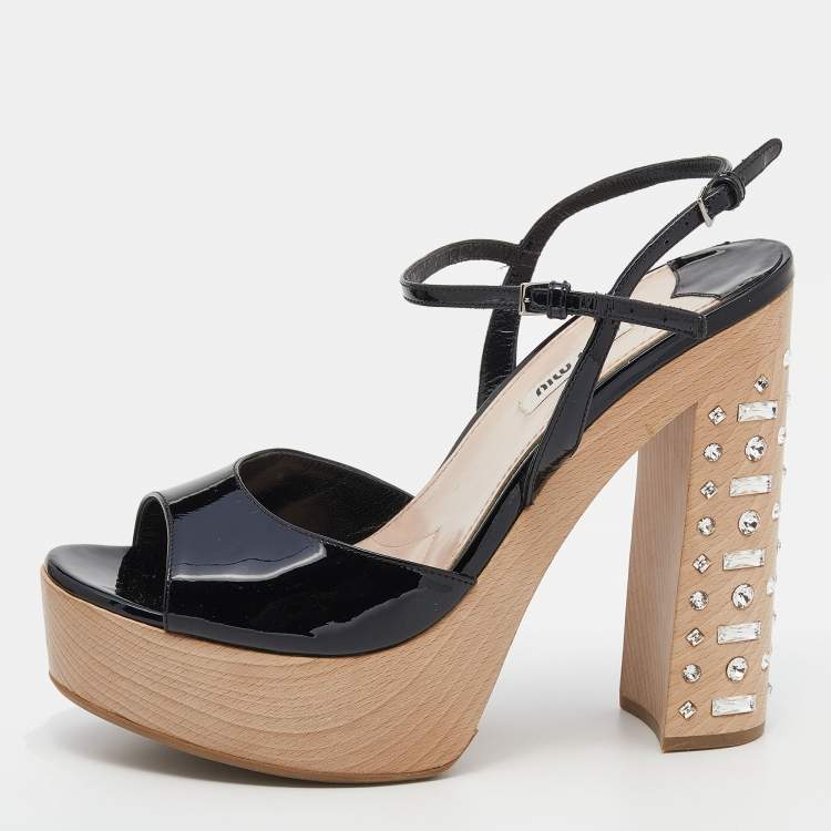 Pre Owned Miu Miu Black Patent Leather Embellished Heel Platform Ankle Strap Sandals Size 39.5