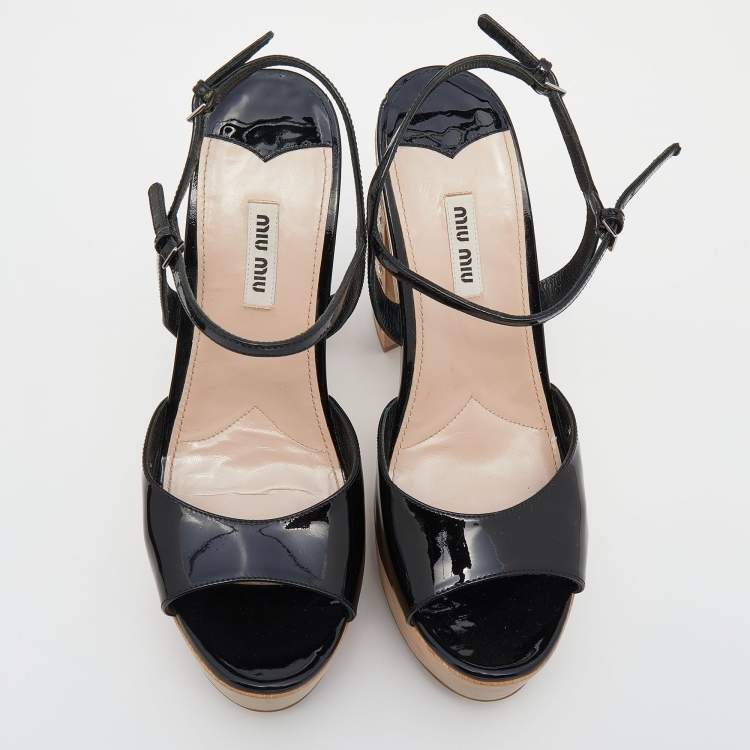 Pre Owned Miu Miu Black Patent Leather Embellished Heel Platform Ankle Strap Sandals Size 39.5